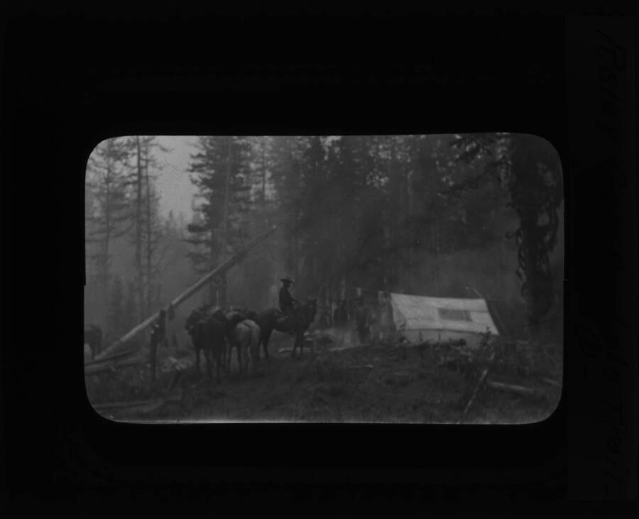 The glass slide reads: 'Relay Camp, Lolo Trail, Fires, 1910.'