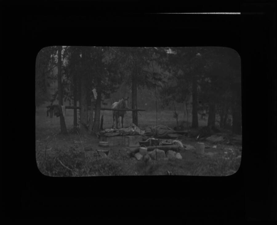 The glass slide reads: 'Camp at Powell, Idaho, Fires, 1910.'