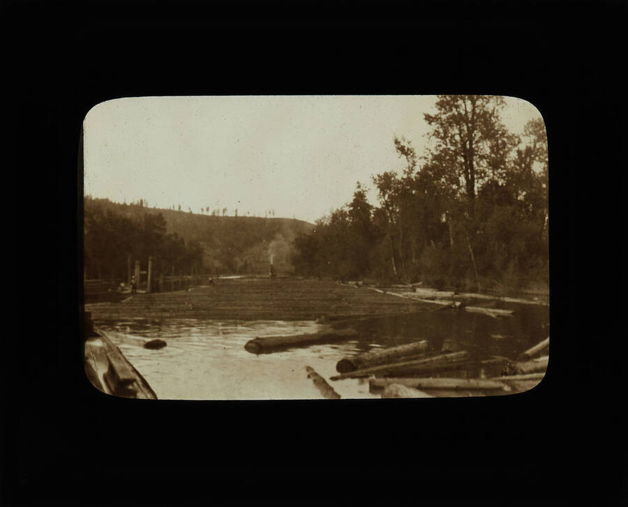 The glass slide reads: 'Rafting logs on the St. Joe River, Ida.'