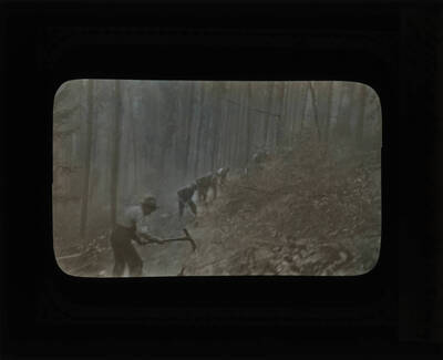 The glass slide reads: 'Mattock men, Lolo Hot Springs, Fire, 1910.' A mattock is similar to a Pulaski tool which is used in fighting fires.