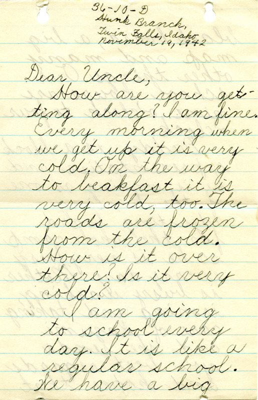 Letter from George Shihei Shitamae's great-niece, Ayako, describing the cold weather, school, and the activities of Ayako Fujii's parents.