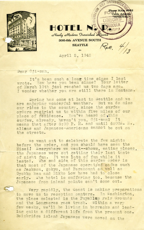 Letter from George Shihei Shitamae's niece, Fumiko, to him describing the days leading up to the forced evacuation of Japanese from Seattle. Fumiko mentions activities around the curfew and the preparations for the forced removal to the "retention" center at the Puyallup Fair Grounds.