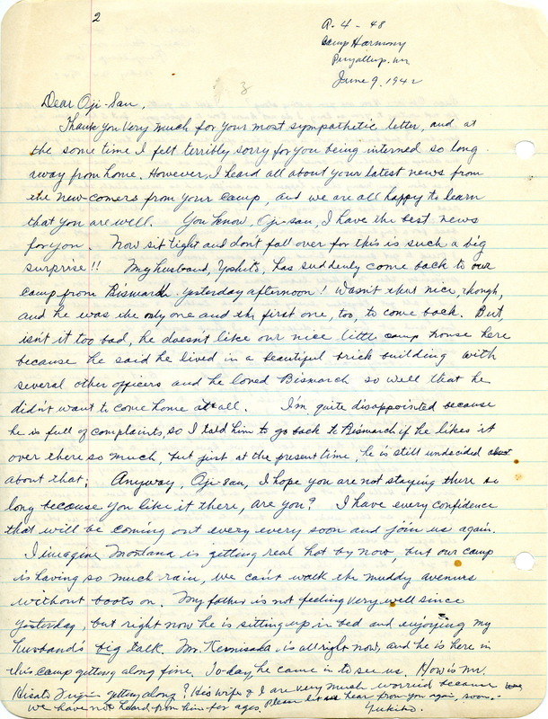 Letter from George Shihei Shitamae's niece, Yukiko, informing him that her husband had arrived at Minidoka after being in Bismarck, North Dakota. 