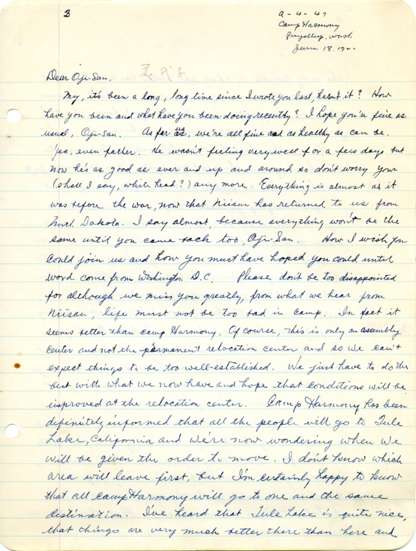 Letter from George Shihei Shitamae's niece, Miyoko, updating him on the happenings at Camp Harmony. It discusses the conditions at teh relocation center; that they were told everyone at Camp Harmony would be sent to Tule Lake, California; the work that Miyoko was doing with the with the medical staff at the camp hospital; and, other activities of those at the camp.