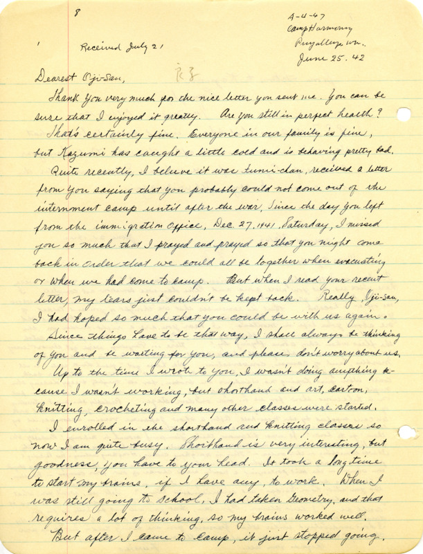The letter was written in two parts. The first part of the letter expresses how George Shihei Shitamae's niece, Yoshiko, wished he would be released from his internment camp and be reunited with the family. Yoshiko goes on to talk about the activities and classes she has begun taking. The second part of the letter discusses the weather, graduation ceremonies, news of their business and concern of their stored belongings. She also discusses the events of the Fourth of July.