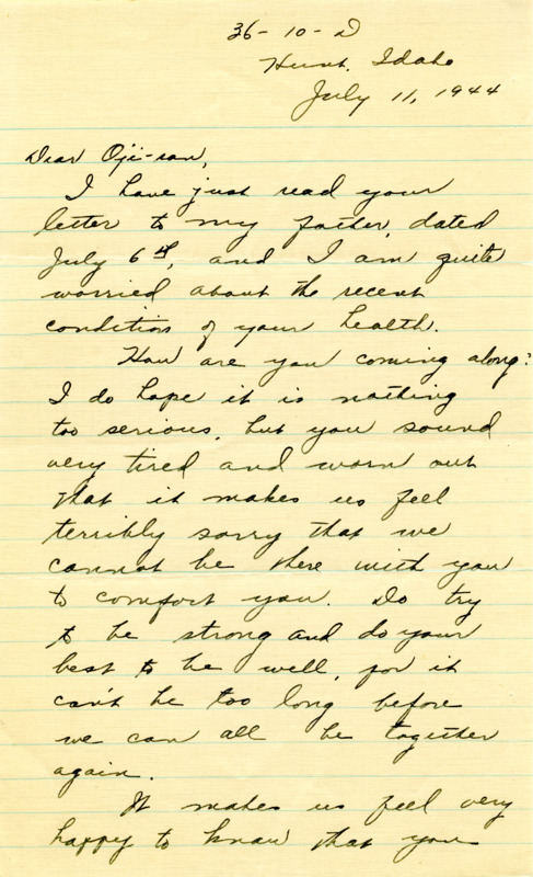 Letter from George Shihei Shitamae's niece, Yukiko, telling him that they are concerned with his health and hope he gets well soon. Yukiko tells hims that the success of the hearing makes the family happy and hopes that he will return to the family. She pleads him to tell her the condition of his health so she can work on trying to get him paroled sooner.