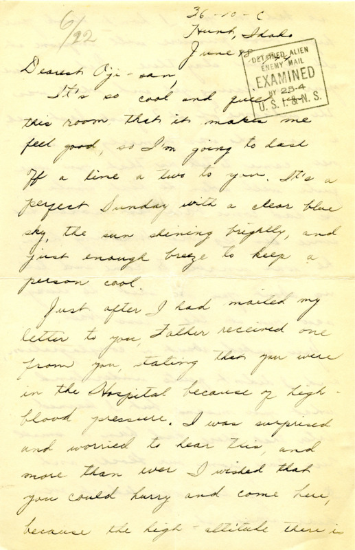 Letter from George Shihei Shitamae's niece, Yoshiko, telling him the family is concerned about his recent hospitalization from high blood pressure, asks about his rehearing. Since Yoshiko has graduated she is staring vocational school to continue to learn how to type and write.