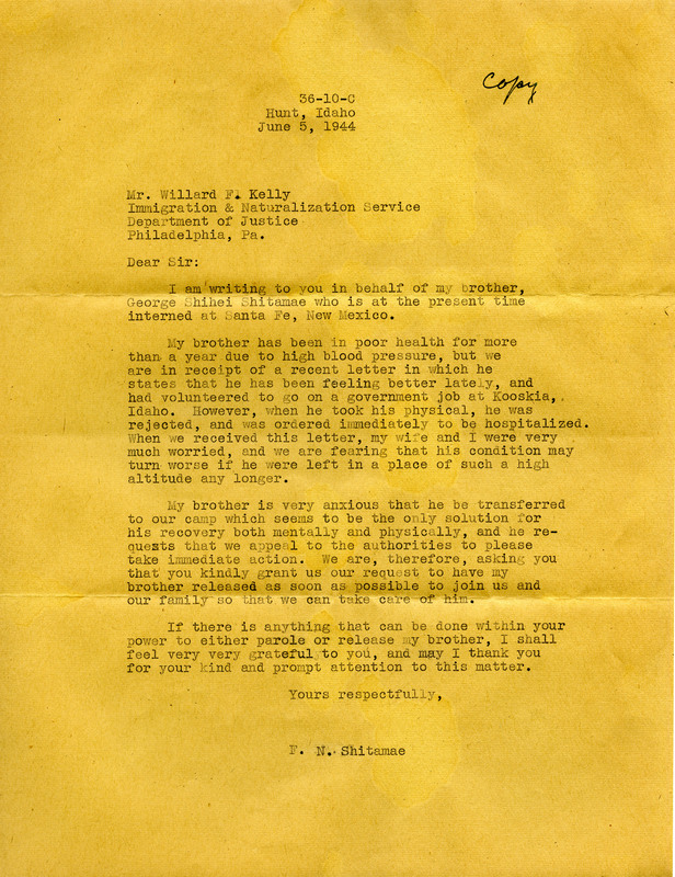 Letter written to the Department of Justice by George Shihei Shitamae's brother, Niroku, explaining George's condition and is asking them to grant him release so he can get well with his family.