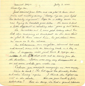 Letter from George Shihei Shitamae's niece, Fumiko, praises the improvement of his English. It goes on to discuss their neighbor's return, a speech from someone on the difficulties of the Nisei, and some entertainment performed by "some boys from D."