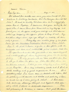Letter from George Shihei Shitamae's niece, Miyoko, telling him that they wil be transfered to Eden, Idaho with better conditions and barracks, disucssing hot weather, talks about the censorship of his previous letters, tells him of the down time listening to niehgbors playing ukulele afterwork, Miyoko talks about their work in the hospital and how much they like it.