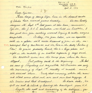 Letter from George Shihei Shitamae's niece, Fumiko, telling him that they are in Idaho and it is much different than Washington, it is very dusty and flat surrounded by sage, rattlesnakes and rabbits, the barracks. Fumiko says that they are contributing to the future of America by bulding something on all the flat land.