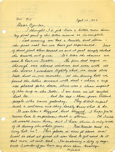 Letter from George Shihei Shitamae's niece, Miyoko, telling him about a terrible dust storm and compared it to Seattle rain only it was dust, Miyoko encolsed a piece of sage brush to see if George had any of that plant in New Mexico.