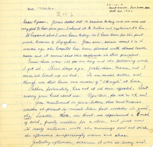 Letter from George Shihei Shitamae's niece, Miyoko, telling him that the family was getting over diarrhea and sickness but everyone is getting better now. The weather had been changing and they had discovered a bed of water just outside of their camp that the dust hid, some people even caught fish to eat.