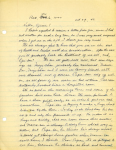 Letter from George Shihei Shitamae's niece, Yoshiko, telling him about how a few members of the family are still sick and staying home together but they have a stove so they do not freeze. Papa is trying to build furtinure in front of the stove but it isn't easy and is frustrating him. Yoshiko is not working at the hospital but Fumiko and Miyoko are. Yoshiko wanted to send a picture but the government confiscated all cameras during forced relocation, asks George to send a picture of himself.