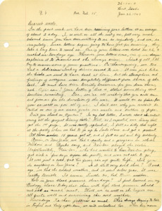 Letter from George Shihei Shitamae's niece, Yoshiko, apologizing for not writing him more frequently but that the family thinks of him all the time and wishes and does not understand why they cannot all be together. Details their holidays and asks him if he got to do anything enjoyable. Asks about his high blood pressure and tells him to be careful of eating a lot of meat. Promises to write him more often and misses him.