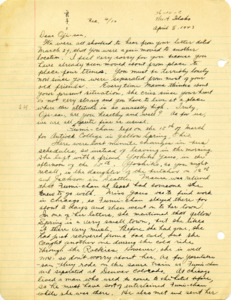 Letter from George Shihei Shitamae's niece, Yoshiko, telling him that Fumiko has left for college and traveled with a friend. Yoshiko apologizes to him that he has been relocated for a fourth time and the family is thinking about him. They are replanting the garden again because the plants died and rabbits eat their crops.They are planning to send him some paper cherry blosssoms that they crafted.Check's up on George's blood pressure.