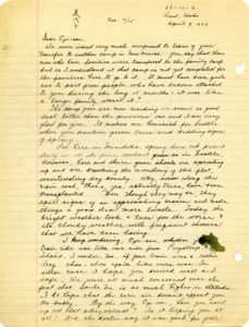 Letter from George Shihei Shitamae's niece, Miyoko, telling him about the Spring weather. Also about Fumiko's experience in college and how much she likes it. Also asked about his blood pressure and if he needs any more celery extract. Talks about relocation to the middle east or west like Chicago but Miyoko doesn't want to live in a big city but start out smaller somewhere else.