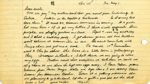 Letter from George Shihei Shitamae's great-niece, Midori, asking him about his transfer to Santa Fe and the weather. It was Midori's 11th birthdya and they had a party and got a book as a present, also taking piano lessons. Since the weather is getting hotter they are going to the canal.
