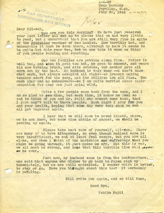 Letter from George Shihei Shitamae's niece, Yukiko, asking him about the hot weather, informs him of the families and children. People are returning to camp but that makes them miss him even more. They are moving inland in August but they don't know where. Yukiko's husband says that they are allowing people to return to Japan but they are torn and asks if he has thought of this as well.