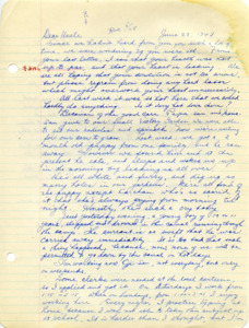 Letter from George Shihei Shitamae's niece, Yoshiko, asking him about his health, he has a leaking heart. Tells him about their Vicotry Gardens and the new puppy someone gave them. Someone drowned in the canal so it is off limits for the time being.