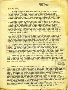 Letter from George Shihei Shitamae's niece, Yukiko, thanking him for the gifts for the family. Asks about his health and if he needs anything. Yukiko asks for the name of the American gentleman to write to on his behalf and vouch for George's patriotism for America to see if there is anything to do be done to get the family back together