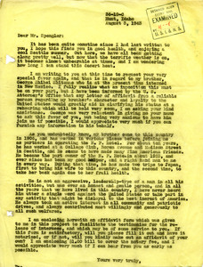 Letter written to Mr. Spengler asking him to vouch for her brother's (George Shihei Shitamae) patriotism and character towards the United States. Enclosed was an affidavit for the testimonies for the release of internees and money to cover the notarity fee.