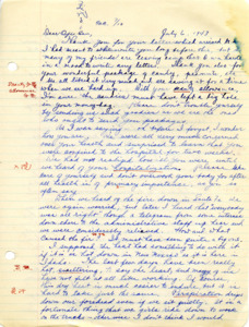 Letter from George Shihei Shitamae's niece, Yoshiko, asking him about his health and the recent fire in Sante Fe, also thanking him for the gifts and candies he has sent the family. Yoshiko has left the hospital job and is now workin in the administrative building with a lot more responsibility.