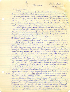 Letter from George Shihei Shitamae's niece, Miyoko, thanking him for the gifts and talks about the surprise that he is working on the railroad and wonders if he could visit Idaho. Tells him about working in the field and harvesting potatoes and sugar beets. Asks about his rehearing and if they will see him soon, the weather is turning to winter and it is getting very snowy in Idaho.