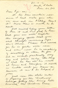 Letter from George Shihei Shitamae's niece, Miyoko, talking about her father's health and that it is getting better and almost normal. They are decorating the mess hall for Christmas and hope to win the contest. Miyoko was unable to help because they had a cold but are getting better now.