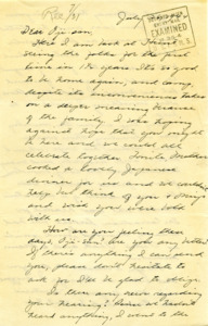 Letter from George Shihei Shitamae's niece, Fumiko, telling him that they are back in Hunt with the family and wish he was there so they could all celebrate together. Asks about an update on his rehearing, says camp life is the same, talks about the Victory gardens. Fumiko says they will be leaving soon to go back to school and work in the east.