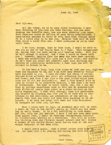 Letter from George Shihei Shitamae's niece, Fumiko, telling him that she is going to Santa Fe on the way back to Idaho to visit him. Wishing him well on his reheareing today and cannot understand why he would not get a fair trial and hopes that it is successful. Fumiko is finished with college and is going to be working in the hospital in Philadelphia and Miyoko will be up there with her soon.