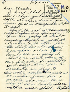 Letter from George Shihei Shitamae's great-niece, Midori, concerned about his health. Talks about camping trips they are taking soon and they are excited to hopefully be able to go into the swimming pool soon.