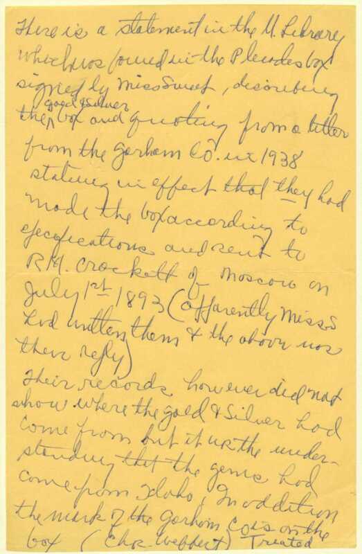 A handwritten note, likely created by a member of Pleiades, recounting history of the Silver and Gold Book