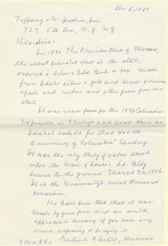A handwritten note address to Tiffany and Co. Jewelers requesting after any information the firm might have about the production of the Silver and Gold Book, signed by Gertrude Axtell