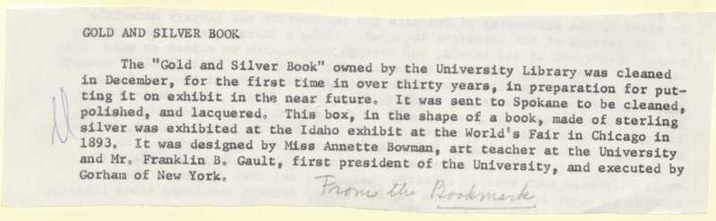 Typewritten note seemingly clipped from "The Bookmark," a newsletter produced by the University of Idaho Library; no further citation information was included. 