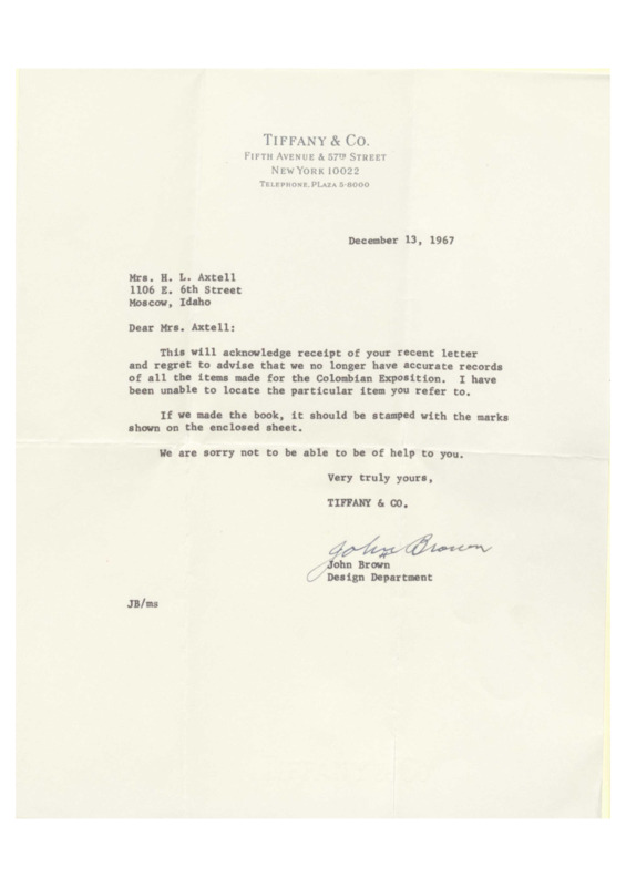 Typewritten communication from Tiffany & Co. responding to a request for information from Mrs. H.L. Axtell, in regards to Silver and Gold Book. 