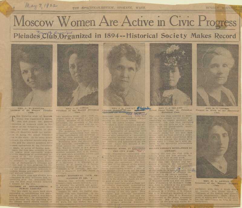 Newspaper article titled "Moscow Women Are Active in Civic Progress: Pleiades Club Organized in 1894 -- Historical Society Makes Record" which was clipped from the Spokesman-Review. Handwritten notes on the clipping include a date. 