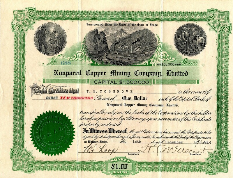 This certificates certified that T. B. Cosgrove is the owner ten thousand shares.