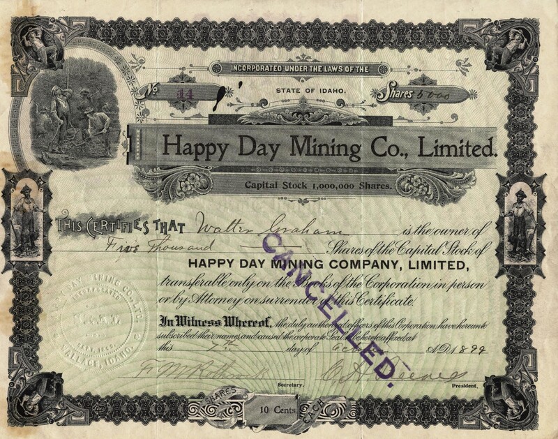 Walter Graham(?) was the owner of five thousand shares. This certificate was marked as This certificate was marked as This was marked as cancelled.