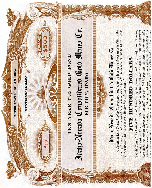 This certificate certifies that the bearer was the owner of five hundred dollars in gold bonds.