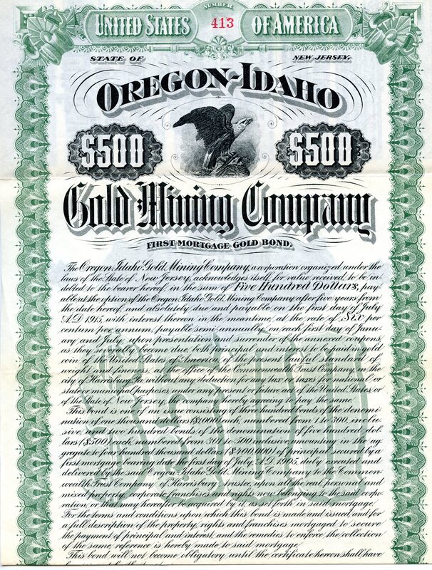 This certificate certifies that the bearer is the owner of five hundred dollars in gold mining stocks.