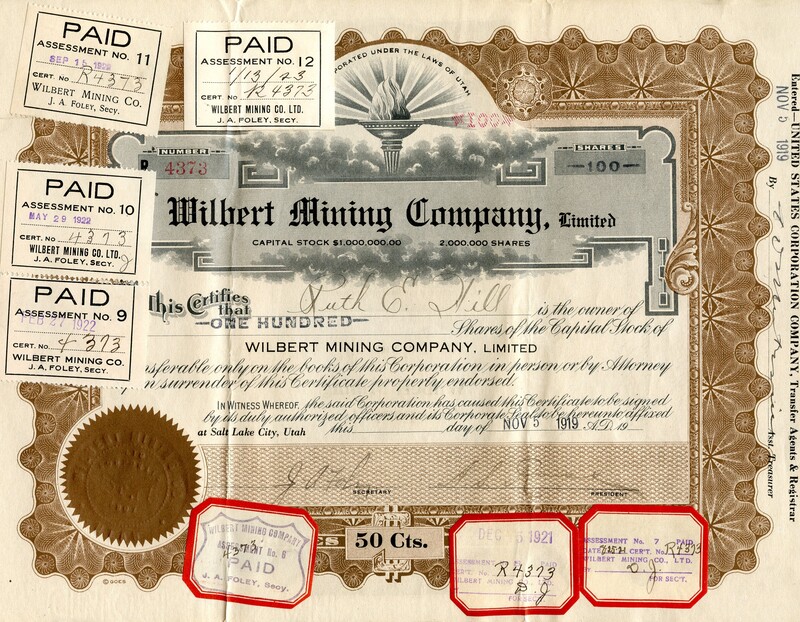 Ruth E. Hill was the owner of one hundred shares. Attached to the certifcate are assessment reciepts. 