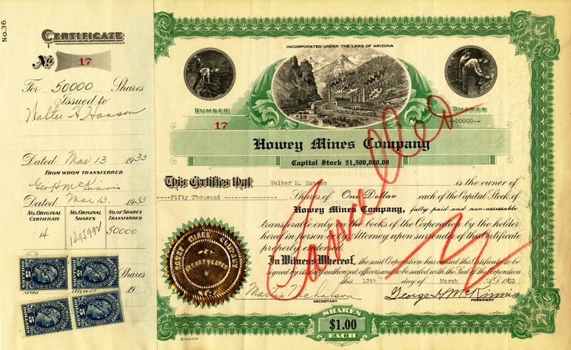 Walter H. Hanson was the owner of fifty thousand shares. This certificate was marked as This certificate was marked as This was marked as cancelled.