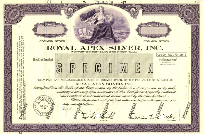 Specimen stock certificate. Specimen certificates were archived by printers and the company as perfect examples of the company's stock issue.