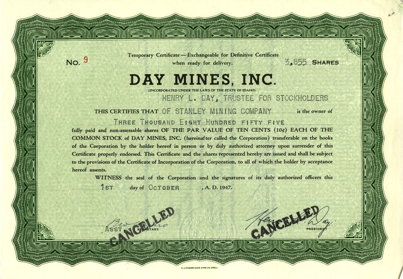 Henry L. Day, Trustee for Stockholders of Stanley Mining Company was the owner of three thousand eight hundred fifty-five shares. This certificate was marked as This certificate was marked as This was marked as cancelled.