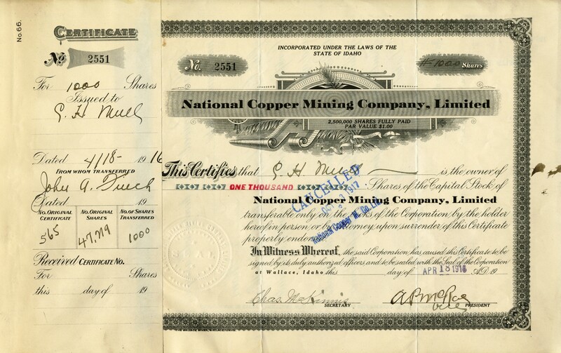S. H. Mill(?) was the owner of one thousand shares. This certificate was marked as This certificate was marked as This was marked as cancelled.