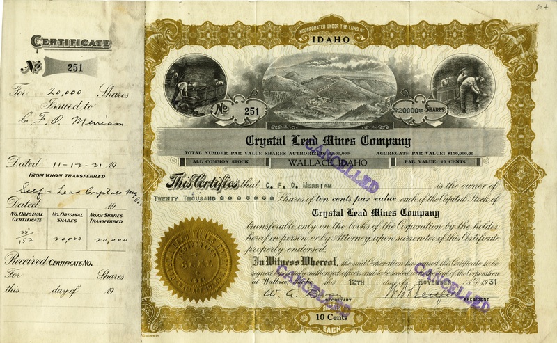 C. F. O. Merriam was the owner of twenty thousand shares. This certificate was marked as This certificate was marked as This was marked as cancelled.