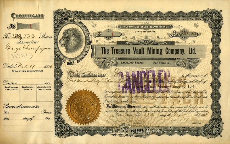 George Champagne was the owner of three hundred thirty-three thousand, three hundred thirty-three shares. This certificate was marked as This was marked as cancelled.