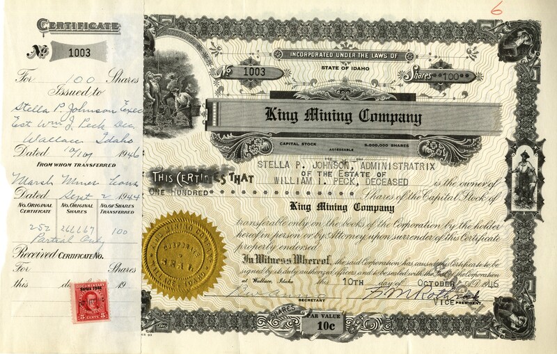 Stella P. Johnson, Administratrix of the estate of William I. Peck was the owner of one hundred shares. This certificate was marked as This was marked as cancelled.