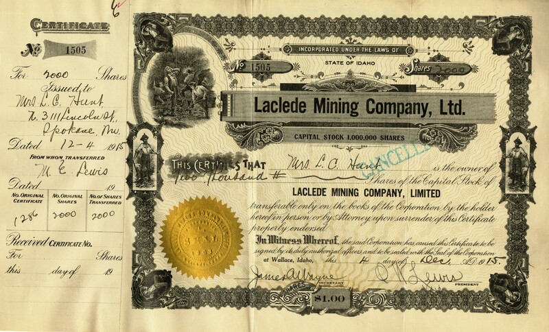 Mrs. L. C. Hunt was the owner of two thousand shares. This certificate was marked as This was marked as cancelled.